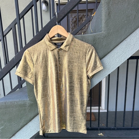 Lauren Ralph Lauren Tops - NWT Lauren Ralph Lauren Metallic Gold Polo Shirt Preppy Quiet Luxury Sz Small